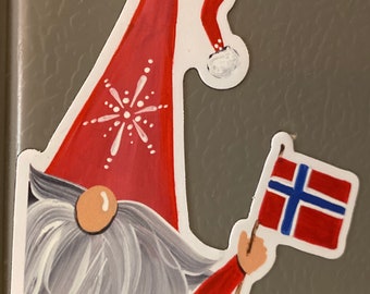 Norwegian Flag waving gnome magnet OR sticker