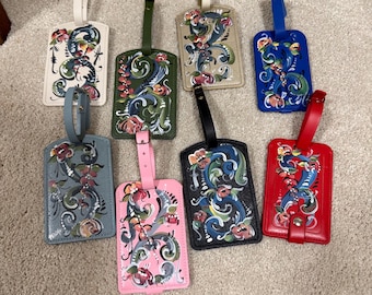 Norwegian Rosemaled Leather Luggage Tag Snap Closure