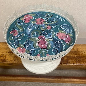 SALE Norwegian Rosemaled Metal Cake Stand Ready to Ship