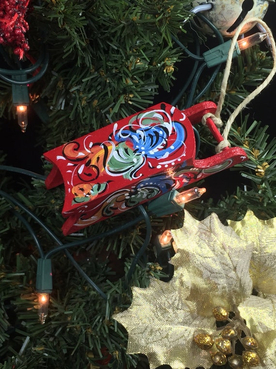 Norwegian Rosemaled Wooden Sled Ornament Etsy