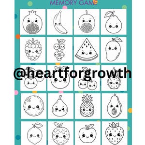 Juego de memoria de frutas kawaii – PDF imprimible | Versiones para colorear y colorear | Divertido juego de combinación para niños | Temática de frutas adorables