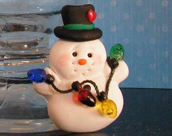 Happy Snowman Jewelry Pin Holding Christmas Lights / Holiday Jewelry Miniature
