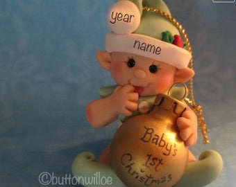 Baby gnome Ornament Keepsake Handmade Clay Baby's First Christmas Ornament Green, Elf Ornament, Green Elf Ornament handmade in clay