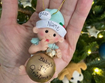 Baby's first Christmas Ornament Personalized.  Hand-sculpted in polymer clay.  My original design