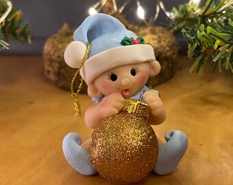 Personalized Baby's First Christmas Elf Ornament: Gold Glitter, Blue Hat