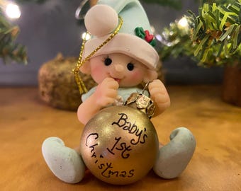 Baby Ornament for 1st Christmas Personalized with name and year Light Green clothing