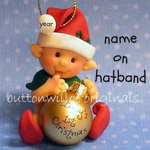 Elf in Red First Christmas Hand Sculpted Babys 1st Christmas Ornament / Personalized Sweet baby Elf