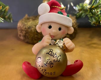 Personalized Baby's First Christmas Ornament: Hand Sculpted Polymer Clay Elf