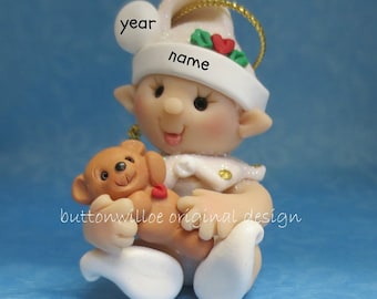 Baby Elf with Teddy Bear Baby's 1st Christmas Ornament First Christmas Teddy Bear Ornament Glittered Personalized Baby Ornament