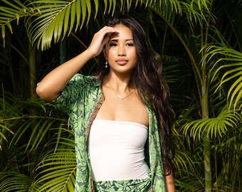 Two Piece Silk Skirt & Shirt Tropical Resort Wear Outfit, Lightweight Beach CoverUp, Vacation Clothing