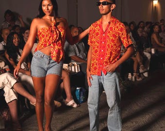 Matching Silk Vacation Outfits for Couples - Silk Sarong or Kimono Robe & Button Down Shirt, Anniversary Gift