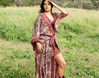Paisley Print Silk Kimono Robe – Boho Coverup, Getting Ready Loungewear or Resortwear Wrap
