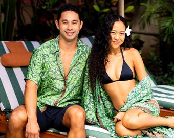 Herren Seidenhemd Lagerkragen: Grüner Blumen Hawaii-Druck, Aloha Resort Wear, Hochzeitsstil