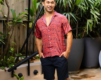 Tropical Print Mens Camp Collar Button Down Shirt, Red Silk Printed Hawaiian TShirt
