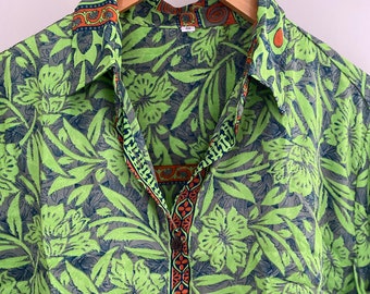 Mens Tropical Silk Short Sleeve Button Down Shirt - Lightweight & Breathable Printed Sari Fabric