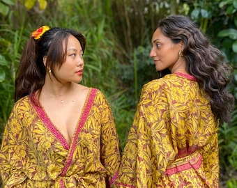 Silk Kimono Robe Tropical Floral Print, Lightweight Beach Cover up, Resortwear or Dressing Gown