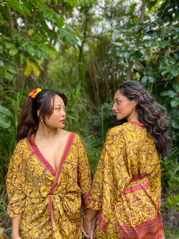 Silk Kimono Robe Tropical Floral Print, Lightweight Beach Cover up, Resortwear or Dressing Gown