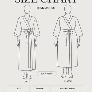 May include: A black and white size chart for a long kimono featuring two line-art figures. The chart includes text labels for sizes XS-L and L-XXXL, and a table listing lengths of 48 inches and waist widths of 22 inches and 24.5 inches when laid flat.