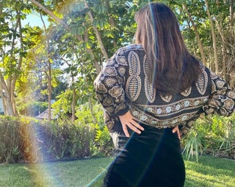 Black Silk Bomber Jacket, Printed Sari Material, Unisex Festival Jacket