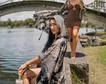 Hooded Robe, Silk Kimono in Multiple Prints: Lightweight Resort Cover-Up, Festival Outfit
