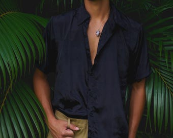 Men's Short Sleeve Silk Button Down Shirt, Black Printed Summer Casual, Wedding Attire