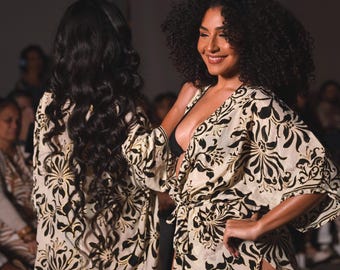 Floral Print Silk Kimono w. Gold, Sexy Robe for Women, Loungewear, Boho Resort Wear