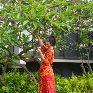 May include: A woman in a long, flowing red and yellow patterned dress stands near a tree with pink flowers. The dress has a vibrant floral design. The scene is set outdoors with green foliage and a building in the background.