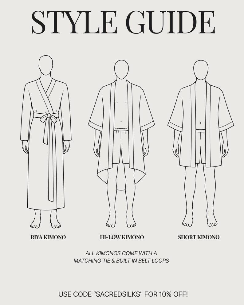 May include: A black and white style guide illustration featuring three kimono designs: the Riya Kimono, the Hi-Low Kimono, and the Short Kimono. The text states all kimonos come with a matching tie and built-in belt loops, plus a discount code.