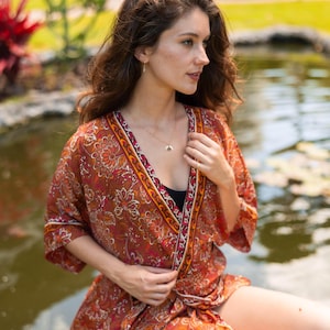 Silk Kimono Robe, Elegant Resort Loungewear, Boho Beach Cover-Up, Feminine Printed Kimono for Women, Summer Vacation & Gift Idea