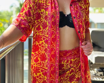 Silk Tropical 2 Piece Top and Skirts Set: Sarong & Button-Up Shirt