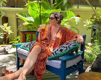 Earthy Silk Kimono Robe for Women, Floral Boho Resort Wear, Beach Cover-Up