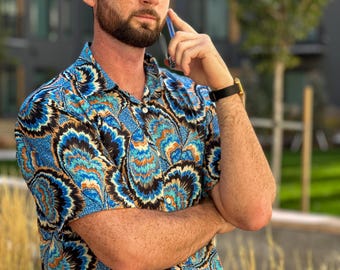 Camisa de seda de manga corta con botones, ligera, estampada, cuello tipo campamento, estilo hawaiano.