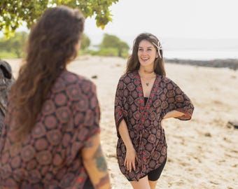 Silk Kimono Robe for Women, Black & Red Flowy Loungewear, Swimsuit cover-up