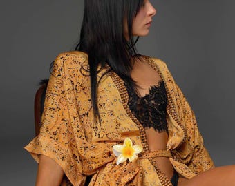 Printed Silk Kimono Robe: Lightweight Beach Cover-Up, Boho Resort Wear