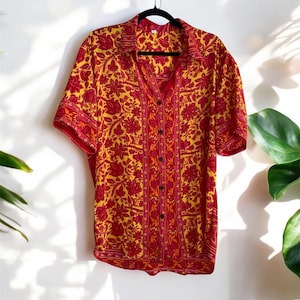 Herren Seide Kurzarm Shirt - Leichter bedruckter Sari Stoff, Sommer Casual Shirt, Atmungsaktiv & Einzigartig
