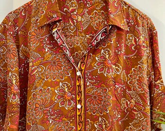 Mens Silk Short Sleeve Button Down Shirt - Lightweight Printed Sari Fabric, Summer Casual & Breathable