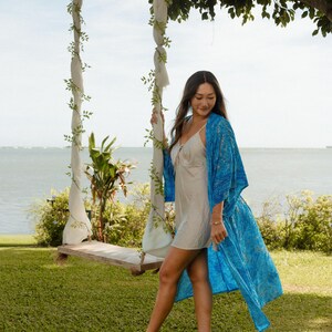 Blue Silk Kimono Robe, Beach Coverup Resort Wear, Dressing Gown for Bride or Bridesmaids image 4
