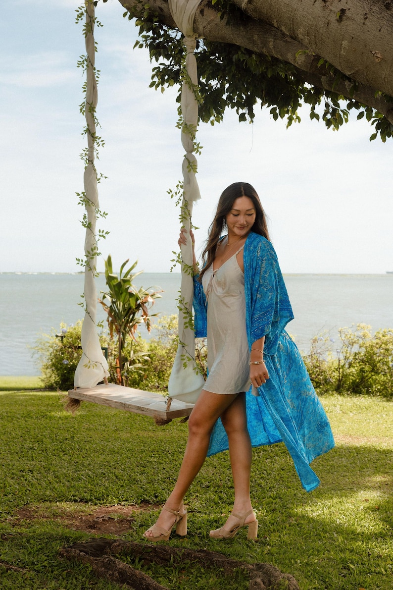 Blue Silk Kimono Robe, Beach Coverup Resort Wear, Dressing Gown for Bride or Bridesmaids image 4