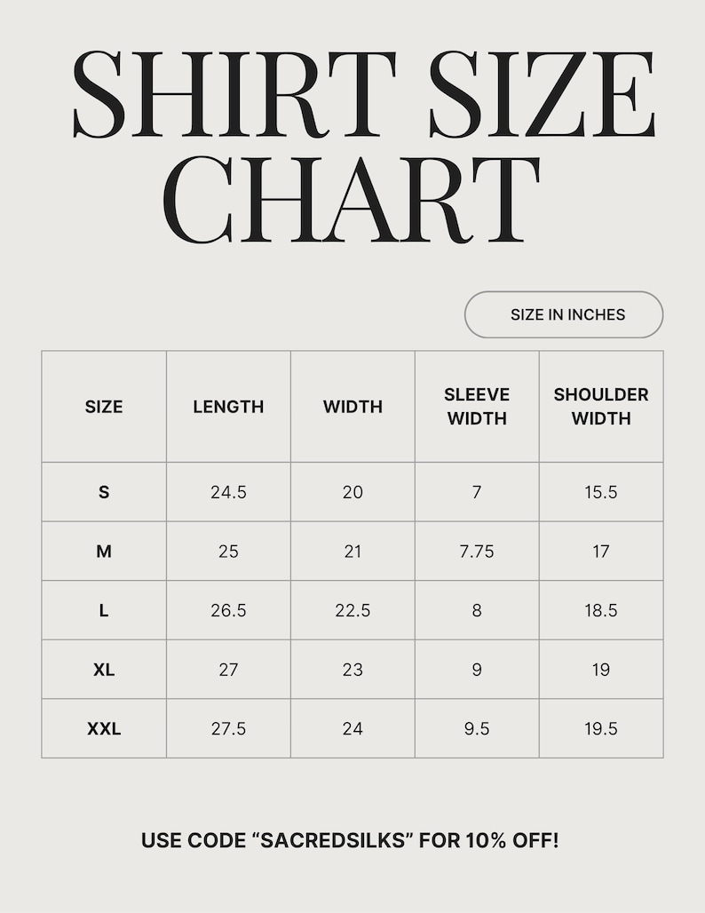 Puede incluir: Una tabla de tallas de camisas con medidas en pulgadas. La tabla incluye las tallas S, M, L, XL y XXL, con las medidas correspondientes de largo, ancho, ancho de manga y ancho de hombros. El texto "SHIRT SIZE CHART" est&aacute; en la parte superior.