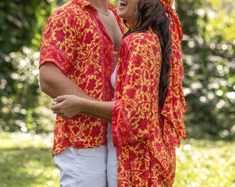 Matching Couples Outfits - Silk Kimono Robe & Hawaiian Button Down Shirt, Tropical Vacation Outfit, Anniversary Gift