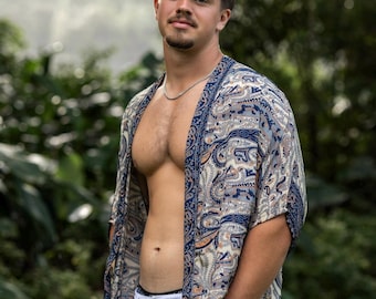 Men's Kimono Robes, Silk Sari Patterns, Beachwear Shirt Coverup, Vacation Festival Outfit
