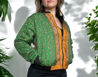 Green Silk Bomber Jacket with Fleece Interior | Boho Outerwear | Lightweight Zip-Up