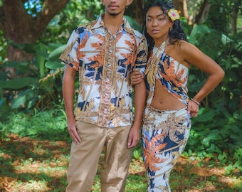 Matching Silk Vacation Outfits for Couples - Dress or Sarong & Button Down Shirt, Beach Wedding