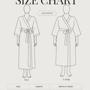 Pu&ograve; includere: Una tabella delle taglie in bianco e nero per una vestaglia. Mostra due figure che indossano vestaglie con cinture, etichettate XS-L e L-XXXL. Una tabella sottostante elenca le misure in pollici: 48 pollici di lunghezza e 22 o 24,5 pollici di larghezza in vita.
