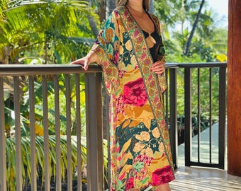 Met zijden bedrukte kimono, lang soepel vallend badjas voor dames, bruidsmeisjes, loungewear of badpak