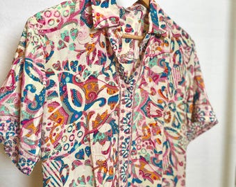 Mens Short Sleeve Silk Button Down Shirt - Lightweight Printed Sari Fabric, Summer Casual & Breathable