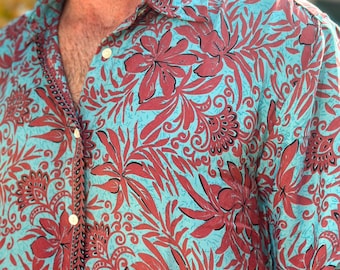 Zijden herenshirt met korte mouwen en button-down - lichtgewicht bedrukte sari-stof, zomers casual en ademend