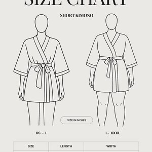 May include: A size chart for a short kimono featuring two line-art figures wearing robes with waist ties. The chart includes text labels for sizes XS-L and L-XXXL, and a table listing lengths of 32 inches and 34 inches with widths of 22 and 26 inches.