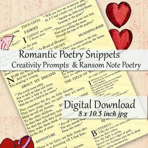 Romantische druckbare Poesie Schnipsel, digitales Scrapbooking, Journaling Prompts, Collage Sheet Instant Download