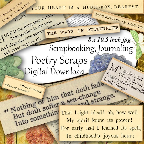 Poetry Scraps Digital Scrapbooking Journaling Prompts, Collage Sheet Instant Download Printables